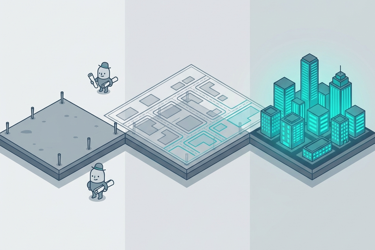 A three-panel sequence showing an empty lot, a translucent blueprint overlay, and a finished glowing city skyline.