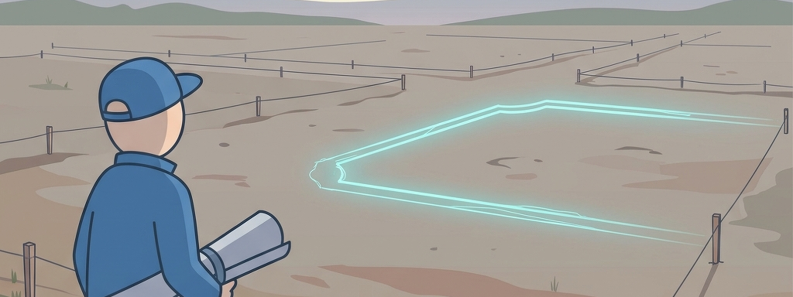 The Blueprint Architect stands at the edge of an empty city lot at dawn, holding a fully rolled-up blueprint under one arm, in muted gray/blue tones with a faint teal glow hinting at the first street about to be drawn.