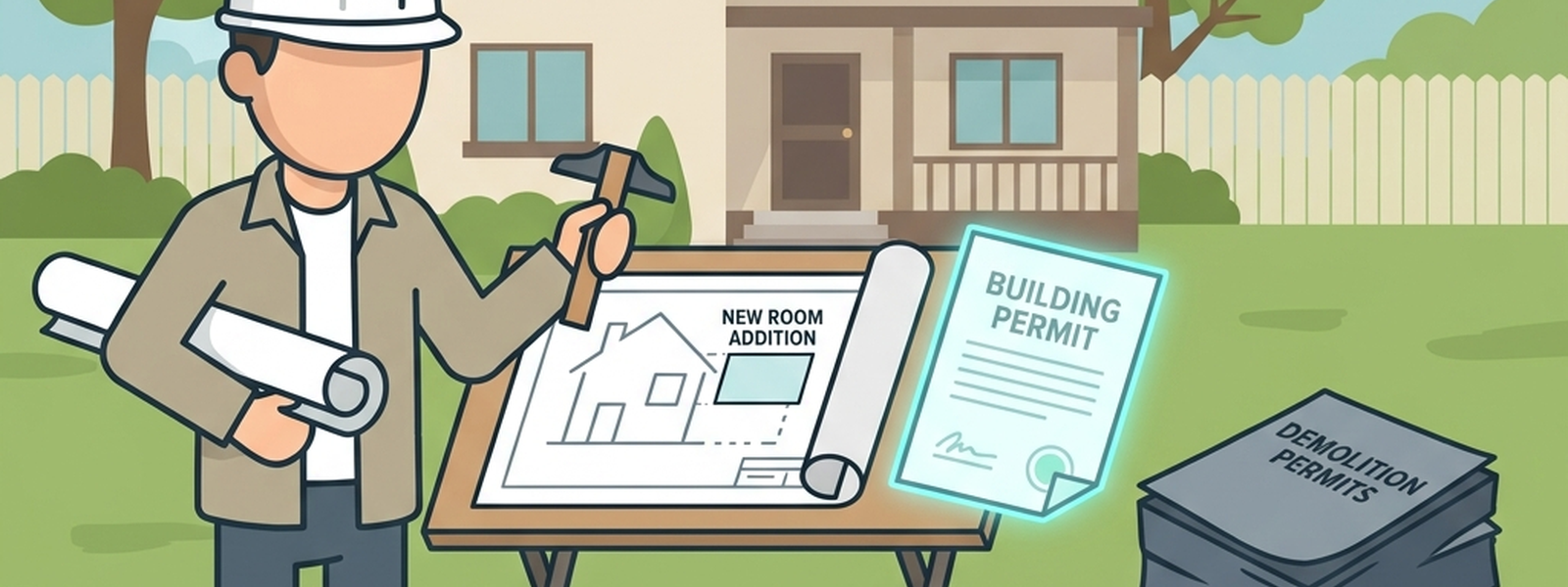 The Blueprint Architect reviews plans for a small new room addition at the back of a house, a lightweight permit glowing teal beside a much larger stack of demolition permits in muted gray/blue.