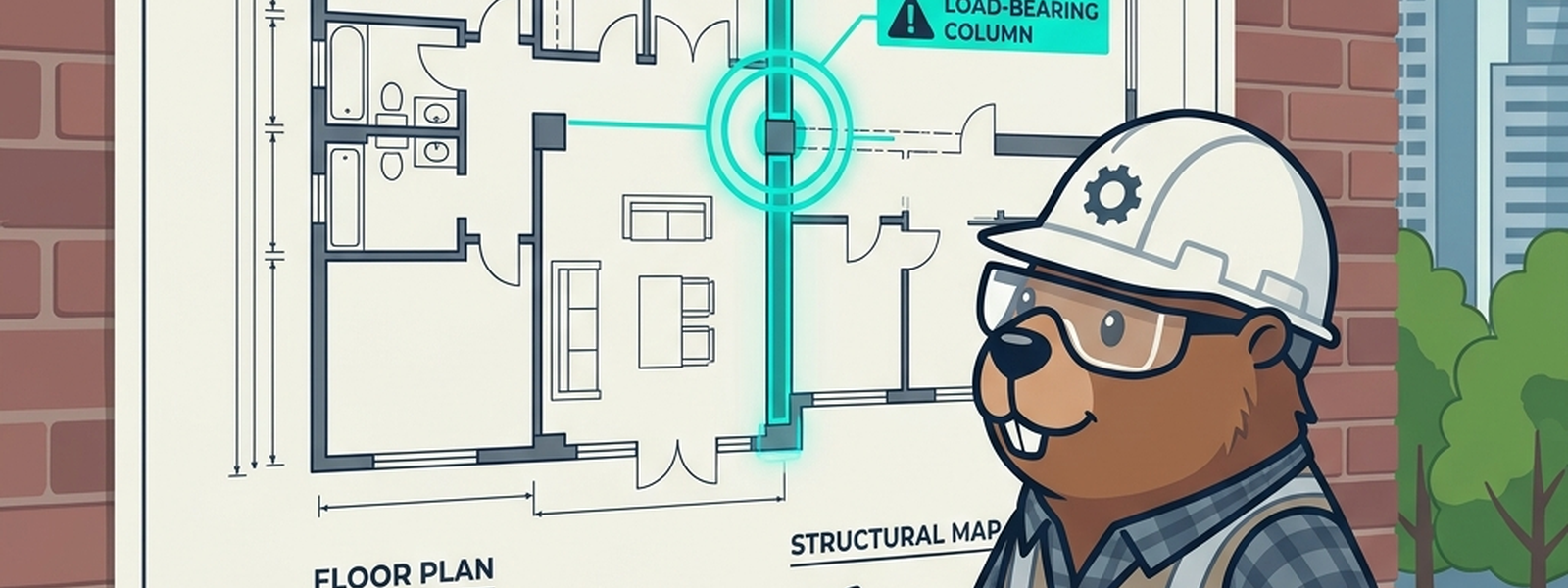 The Blueprint Architect checks structural drawings against a wall, one section highlighted as load-bearing and glowing teal, the rest of the wall in muted gray/blue.