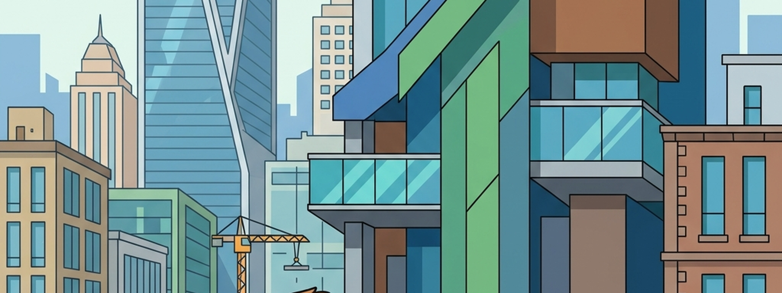 The Blueprint Architect installs a cornerstone plaque recording a building's version history, the plaque glowing teal against the muted gray/blue building.