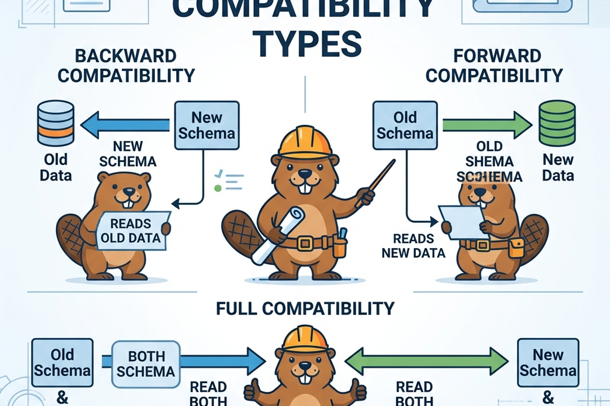 A diagram showing an old schema and a new schema both correctly reading the same data, connected by double-headed arrows glowing teal.