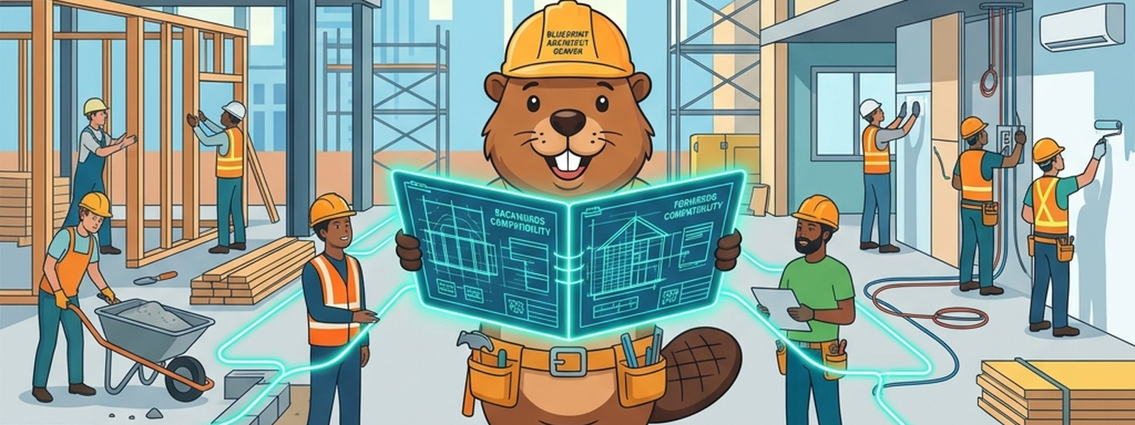 Two construction crews each hold a different version of the same blueprint, both glowing teal, working on the same building without conflict.