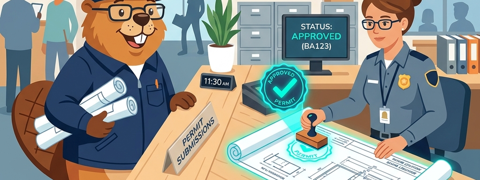 The Blueprint Architect submits renovation plans at a permit office counter, a review stamp glowing teal against the muted gray/blue office.