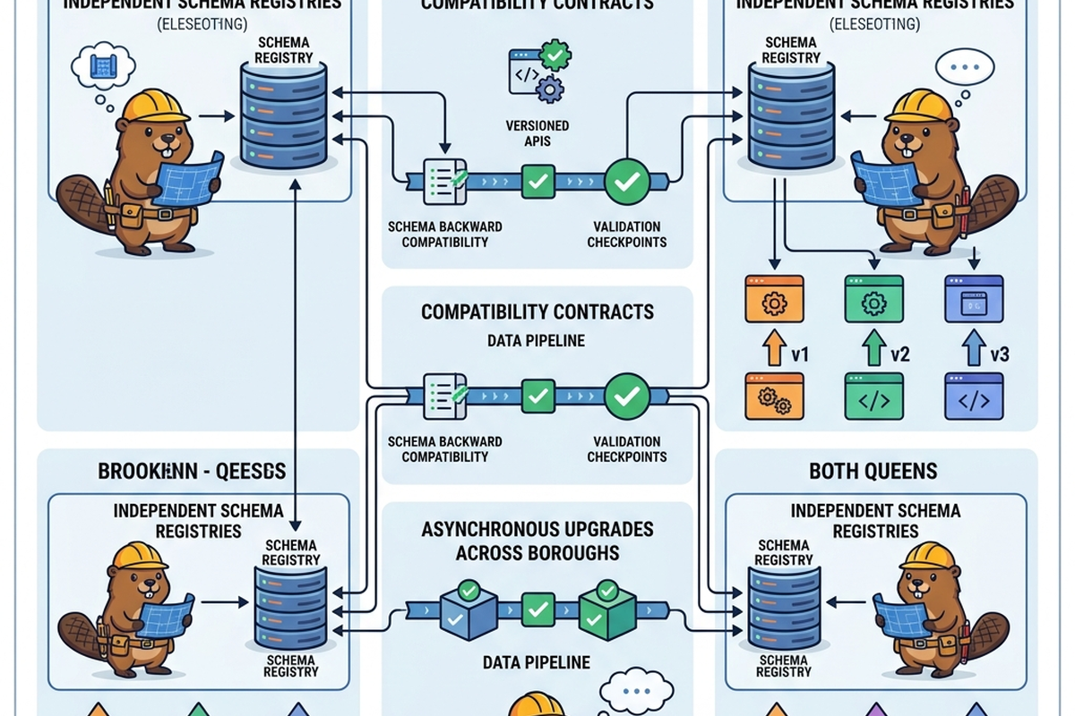 A diagram showing several independent service/schema icons cross-checking compatibility through a shared registry, glowing teal.