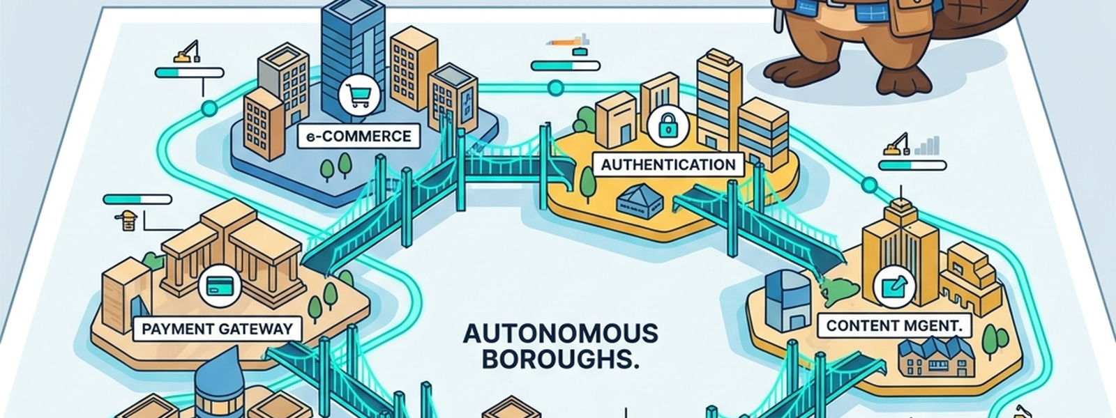 The Blueprint Architect stands over a city map divided into several independently governed boroughs, each with its own glowing teal renovation timeline.