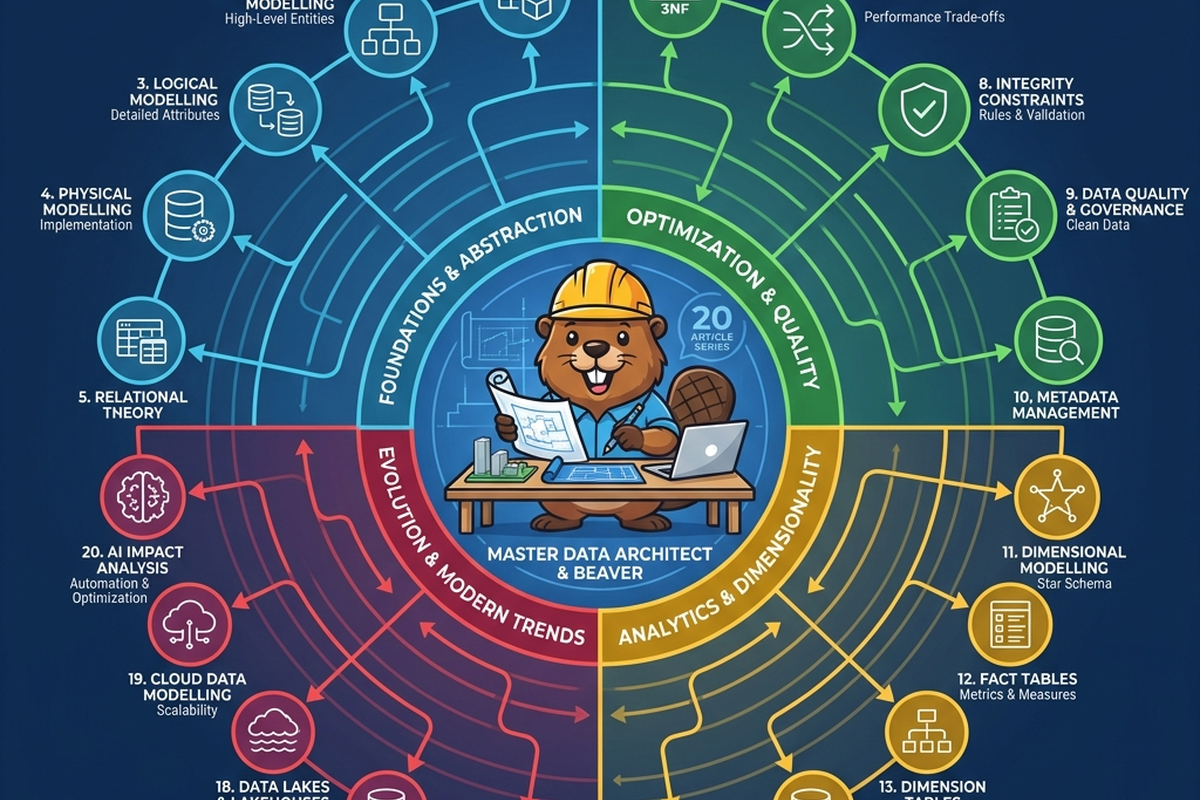 A circular arrangement of icons representing all twenty articles' core concepts, connected by glowing teal lines converging on a central blueprint architect icon.