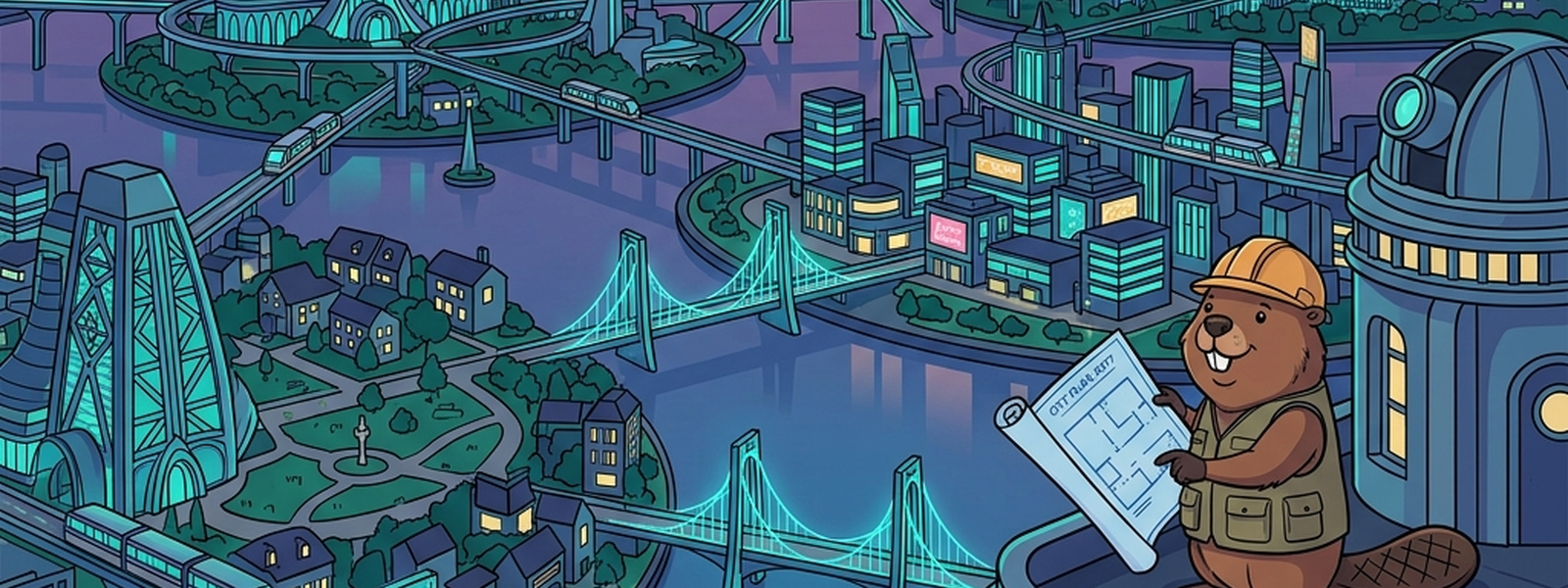 A wide view of the whole city at dusk, new wings and old restored districts working in coordinated harmony, glowing warmly teal, the Blueprint Architect standing content at the center with a fully unrolled blueprint.